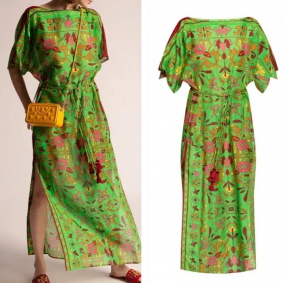 Tory Burch Belted Printed Silk Blend Scarf Long Dress size SX Green. Maxi. NEW - Picture 1 of 15